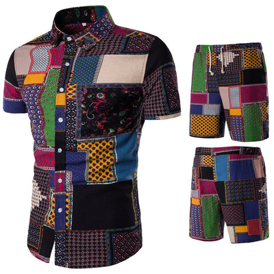 Conjunto Casual Étnico para Hombre - Camisa Floral de Manga Corta con Shorts - Image 20