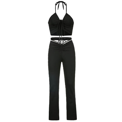 Conjunto Bandage Streetwear Azul Años 2000 - Top Halter y Pantalón Acampanado Cintura Alta - Image 8