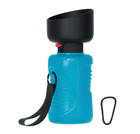 Pink and black foldable pet water bottle with integrated bowl, shown extended and collapsed, with a dog drinking. - Image 26