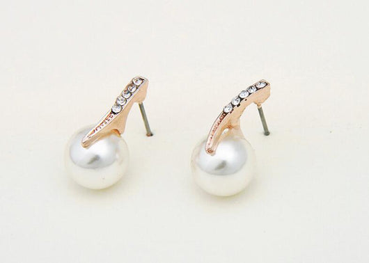 Rose gold-toned necklace and earring set with white pearls and clear rhinestones, ideal for bridal or formal wear. - Image 7