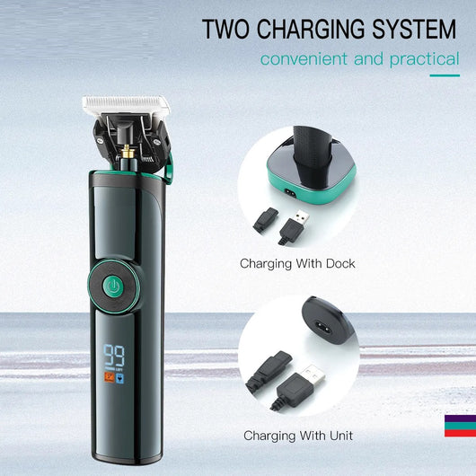 VGR V-671 professional hair clipper in dark green and black with charging base, digital display, and four guide combs. - Image 11