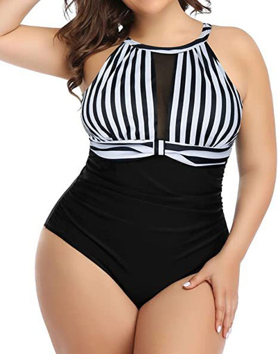 Plus size black one-piece swimsuit with a halter neck and mesh V-neck insert, featuring ruched sides. - Image 7