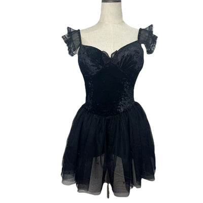 White one-piece swimsuit with a textured bodice, ruffled lace shoulder straps, and a sheer tutu-style skirt. - Image 6