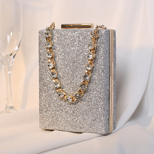 Bolso de Noche Cuadrado Pequeño con Cadena de Cristales Brillantes - Image 7