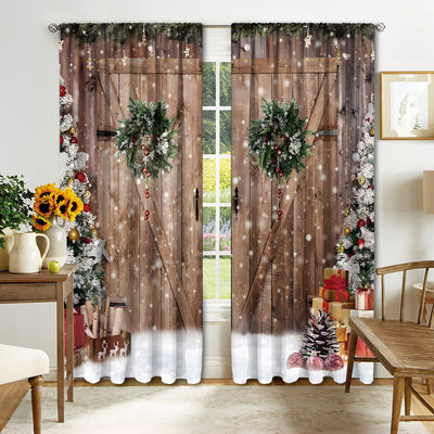Digital printed Christmas curtains with a festive garland design, red ornaments, bows, and berries, on a white background. - Image 9