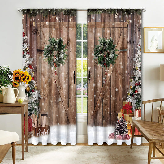 Digital printed Christmas curtains with a festive garland design, red ornaments, bows, and berries, on a white background. - Image 9
