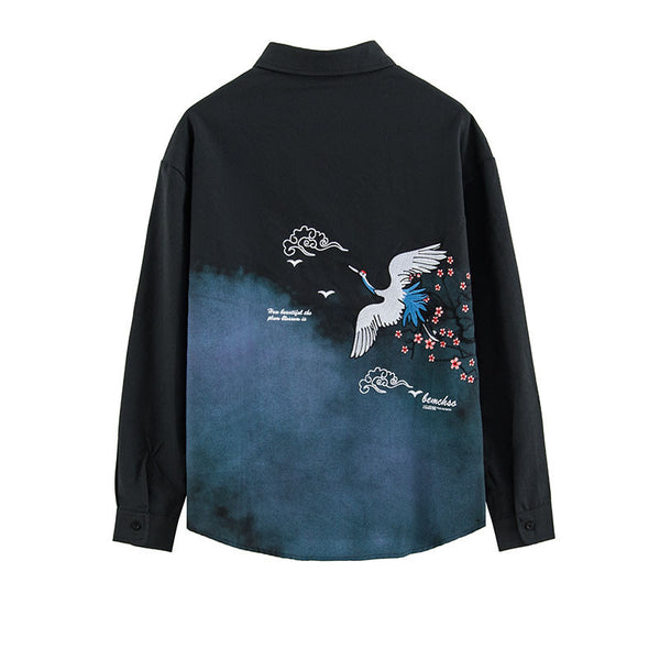Camisa Tie Dye Bordado Grúa Estilo Chino Otoñal