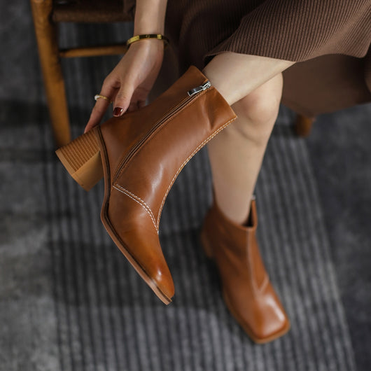 Botas Retro de Tacón Chunky y Punta Cuadrada en Piel de Cordero para Mujer - Image 4