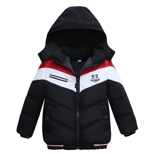 Boys' black, red, and white hooded padded jacket with chevron pattern, full zipper, and "BTR BOYS" logo. - Image 14