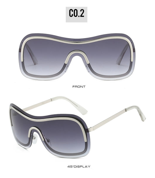 Women's fashionable shield sunglasses with a gold metal frame and dark gray lenses, featuring a unique wavy design. - Image 15
