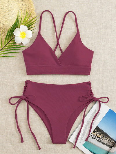 Light green ribbed bikini set with a V-neck bralette top and high-waisted bottoms featuring side tie details. - Image 15