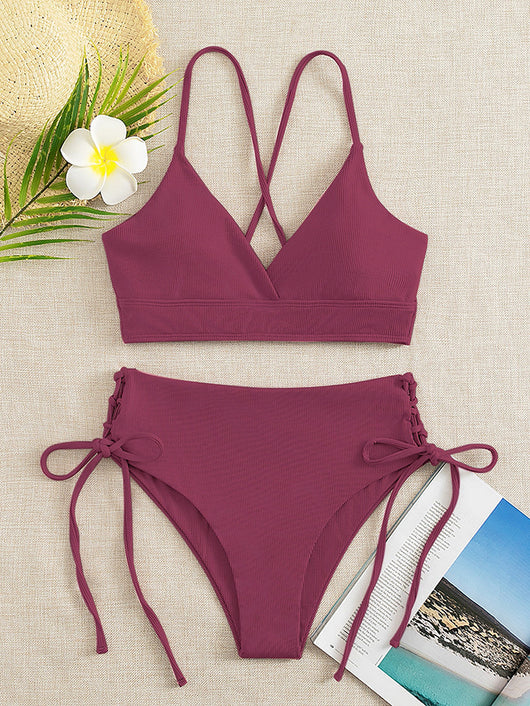 Light green ribbed bikini set with a V-neck bralette top and high-waisted bottoms featuring side tie details. - Image 15