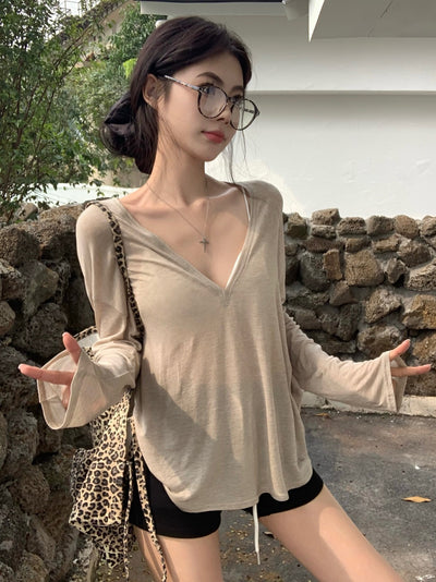 Blusa Suelta Transparente Cuello V Manga Larga Protección Solar - Image 14
