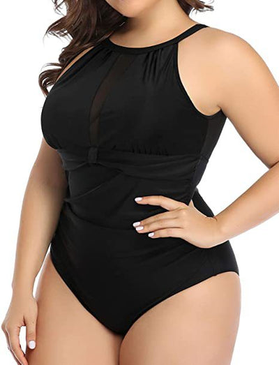 Plus size black one-piece swimsuit with a halter neck and mesh V-neck insert, featuring ruched sides. - Image 21