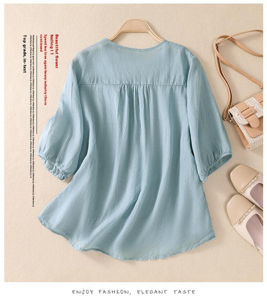 Blusa Suelta de Algodón y Lino con Cuello V - Image 32