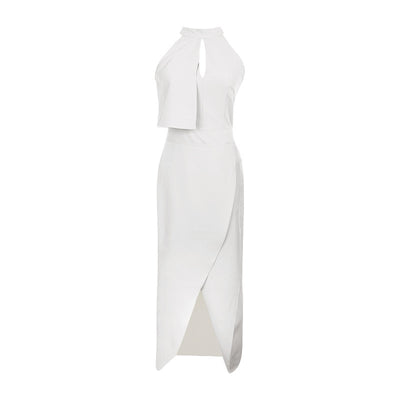 Falda Midi Blanca Asimétrica Cuello Halter Ajustada - Image 4