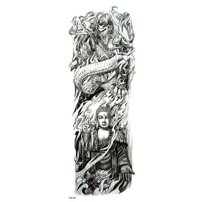 Full arm temporary tattoo sticker with a black, red, and light blue tribal design, featuring abstract shapes and patterns. - Image 34