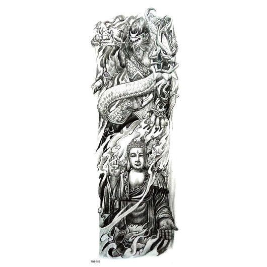 Full arm temporary tattoo sticker with a black, red, and light blue tribal design, featuring abstract shapes and patterns. - Image 34