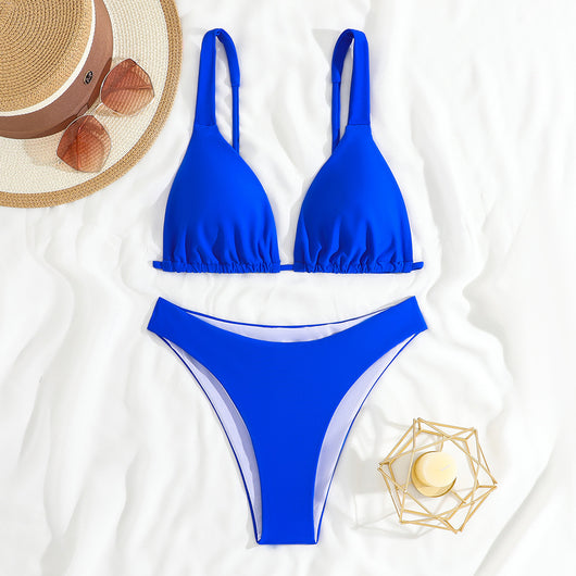 Woman wearing a solid brown lace-up bikini swimsuit with a triangle top and high-cut bottom. - Image 28