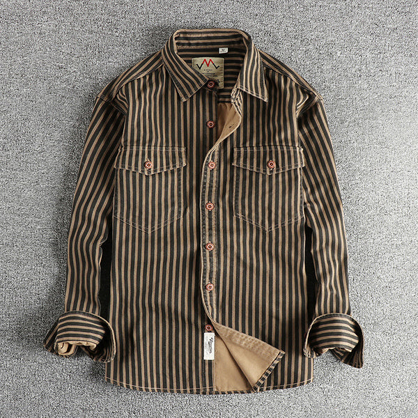 Camisa Manga Larga Hombre Rayas Retro Algodón Tejido Lavado Comfort Casual