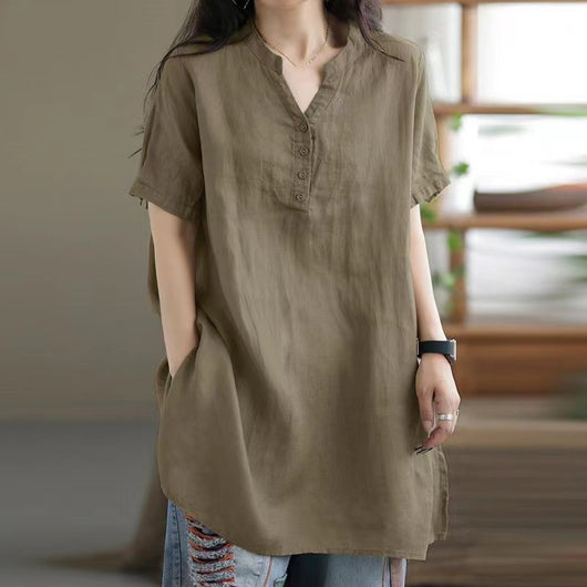 Camiseta Suelta Básica Cuello V Manga Corta para Mujer - Image 7