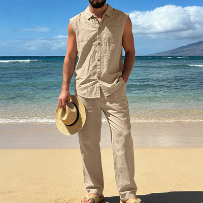 Conjunto de Lino Holgado para Hombre: Camisa sin Mangas y Pantalón Recto - Image 2