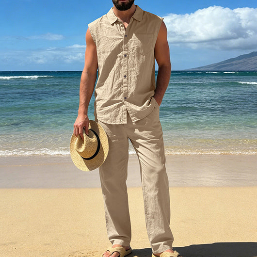Conjunto de Lino Holgado para Hombre: Camisa sin Mangas y Pantalón Recto - Image 2