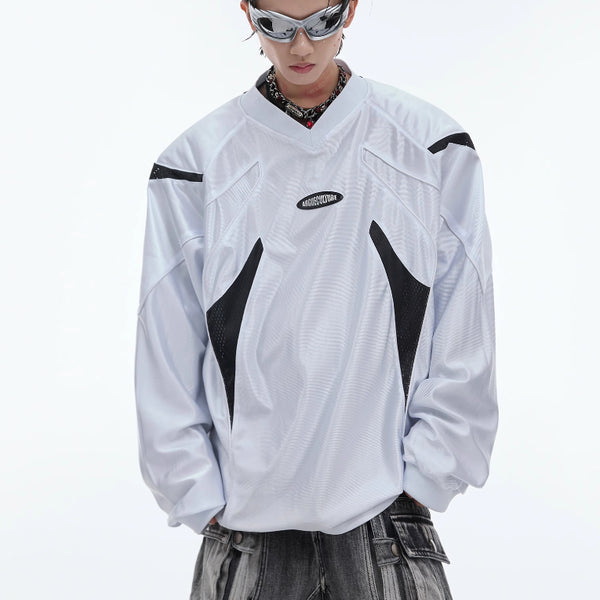 Chamarra Deportiva Retro Americana con Cuello V y Hombros Acolchados