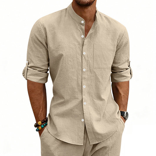 Camisa de Lino Estilo Americano con Cuello Mao y Mangas Medianas para Hombre - Image 41