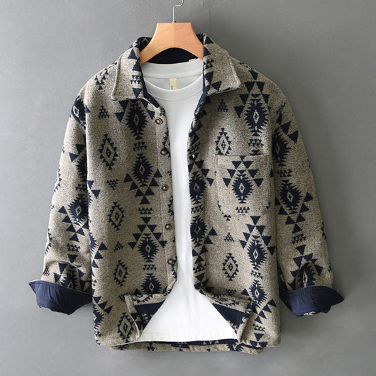 Camisa Casual de Lana Jacquard Retro para Hombre - Manga Larga Otoño
