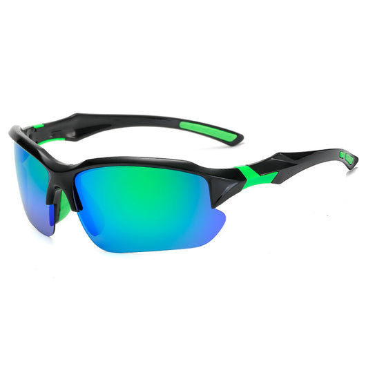 Black sports sunglasses with blue polarized lenses, shown from a front view and a three-quarter side view. - Image 11