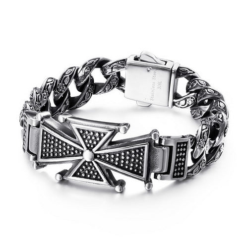 Pulsera de Acero Titanio con Calavera y Cruz - Diseño Dominio Vintage para Hombre