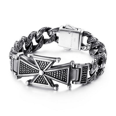 Pulsera de Acero Titanio con Calavera y Cruz - Diseño Dominio Vintage para Hombre