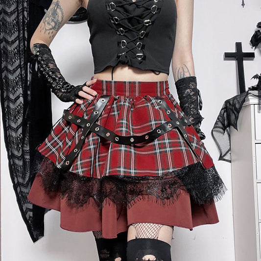 Falda Punk Goth Burbuja Y2K con Encaje y Cuadros - Estilo Hot Girl