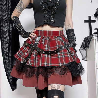 Falda Punk Goth Burbuja Y2K con Encaje y Cuadros - Estilo Hot Girl