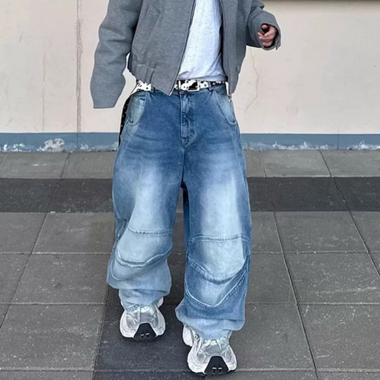 Jeans Baggy Plisados Lavado Blanco Azul
