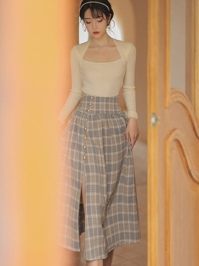 Conjunto Falda Cuadrille Retro Elegante - Blusa y Falda Plisada de Temperamento - Image 2