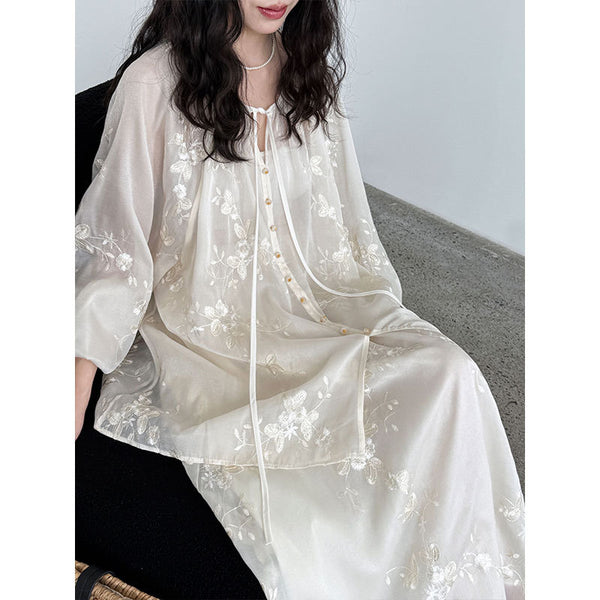 Vestido Camisero Bordado Estilo Chino Midi