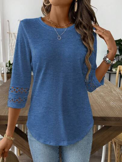 Blusa Casual para Mujer con Cuello Redondo, Encaje Patchwork y Mangas 3/4 - Image 17
