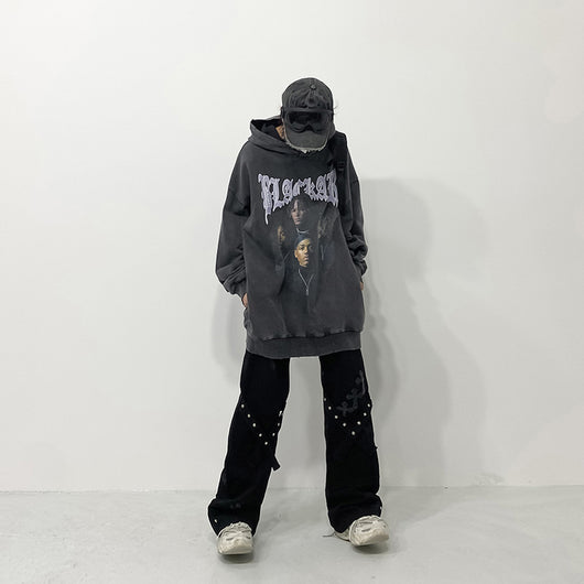 Sudadera Vintage Estampado Rap Lavada para Otoño Invierno