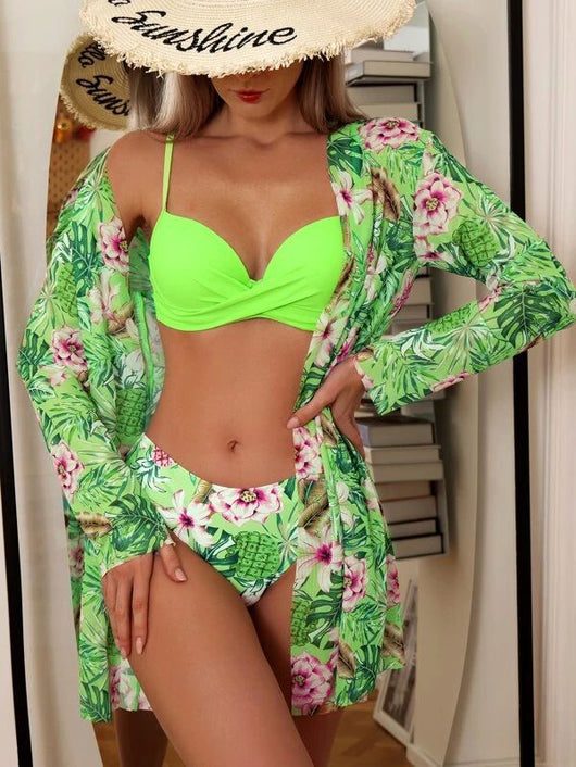 Women's red bikini with a tropical floral and pineapple print cover-up shawl, featuring a twisted front top. - Image 7