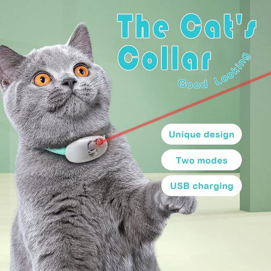Smart USB charging laser cat collar in white and teal, with a USB cable, shown with a cat playing with the laser. - Image 10