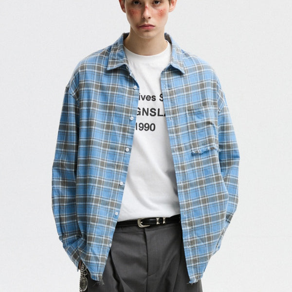 Camisa a Cuadros Unisex Estilo Americano Otoñal con Bordes Deshilachados