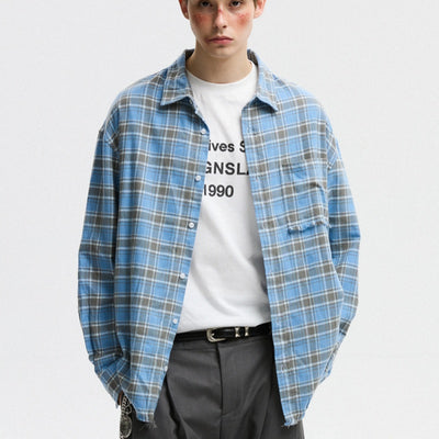 Camisa a Cuadros Unisex Estilo Americano Otoñal con Bordes Deshilachados - Image 2