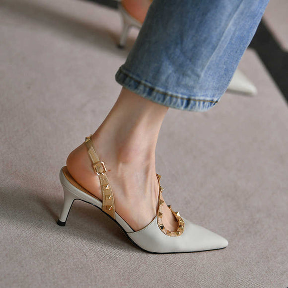Sandalias Stiletto de Cuero de Oveja con Punta Afilada y Tacón Alto