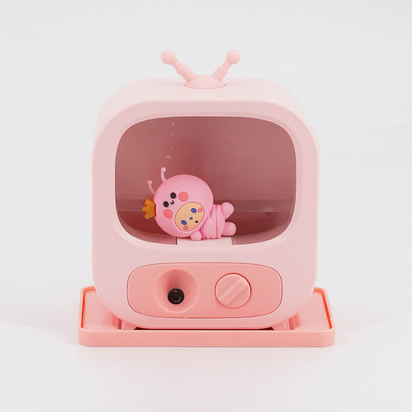 Pink TV-shaped desktop humidifier with a cute pink caterpillar figure inside, featuring a mist outlet and control knob. - Image 5