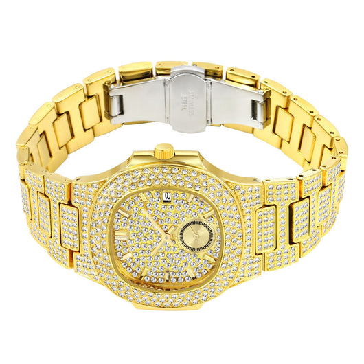 Reloj de Cuarzo para Hombre Dorado con Diamantes Completos - Lujo Hip Hop - Image 9