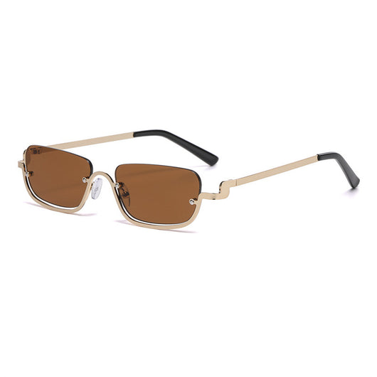 Gold frame semi-rimless sunglasses with brown rectangular lenses and black temple tips on a white background. - Image 8