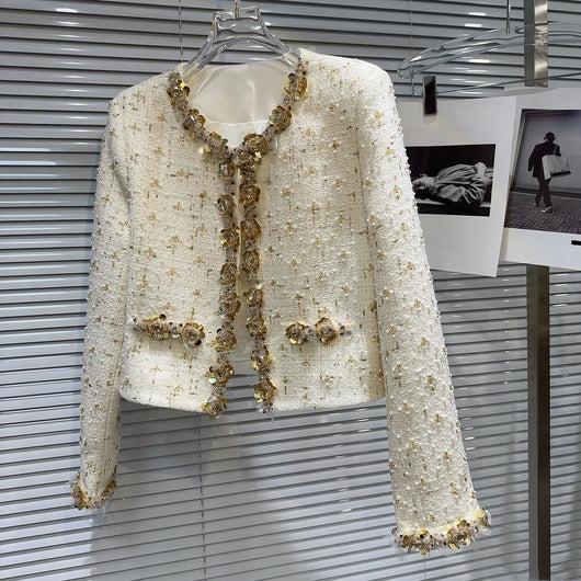 Abrigo Tweed Corto Lujo con Detalles de Flores y Perlas - Image 8