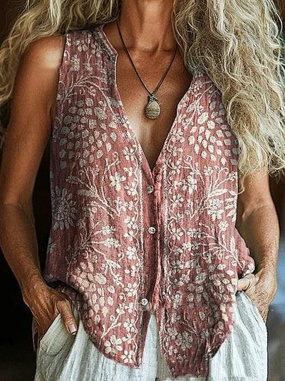 Spring New Trendy Button Vest Vintage Floral V-neck Shirt